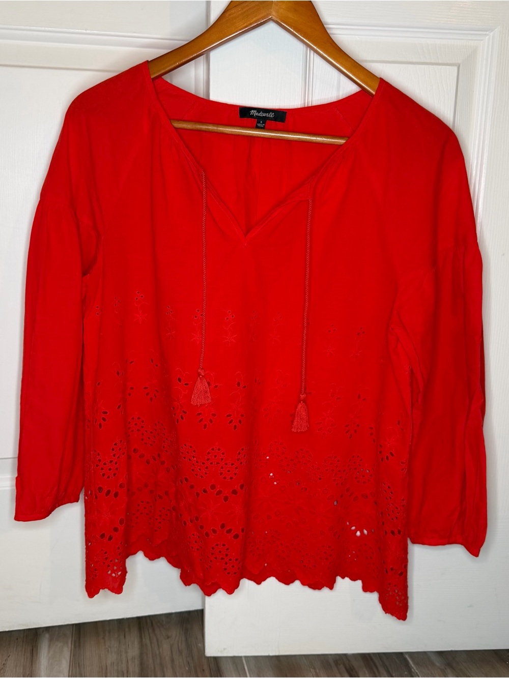 Madewell Poppy Red Eyelet Lattice Scalloped Hem 3/4 Sleeve Top Women’s Small